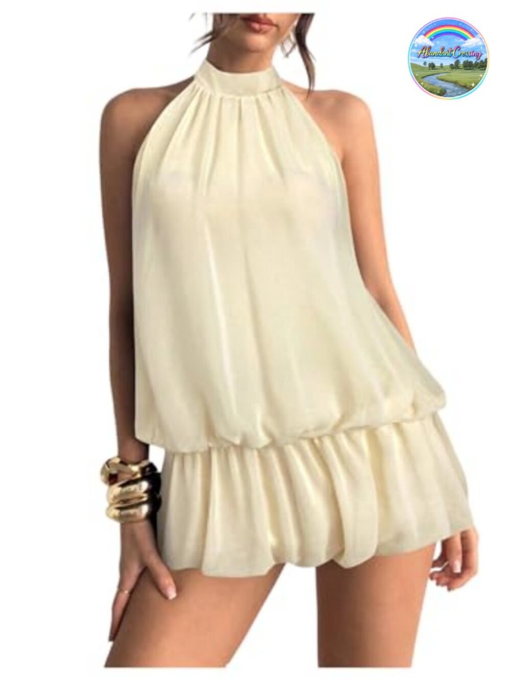 Floerns Women Backless Sleeveless Ruffle Bubble Hem Mesh Halter Mini Dress